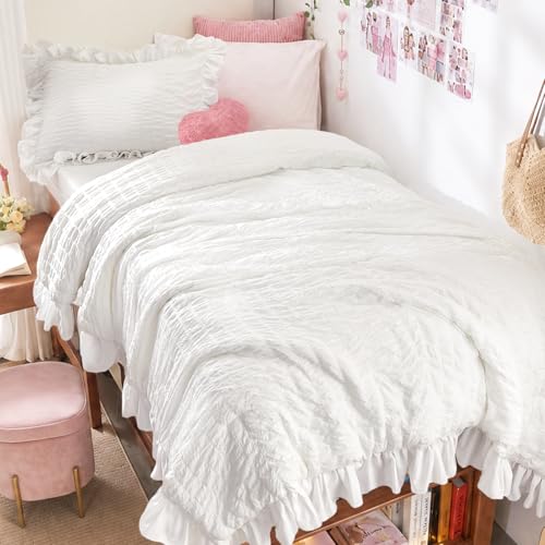 Image of JOLLYVOGUE White Twin /Twin XL Comforter Set, 2 Pieces Seersucker Lightweight Fluffy Bedding Set, Twin Ruffle Comforter, All Season Soft Microfiber Shabby Chic Bed Set