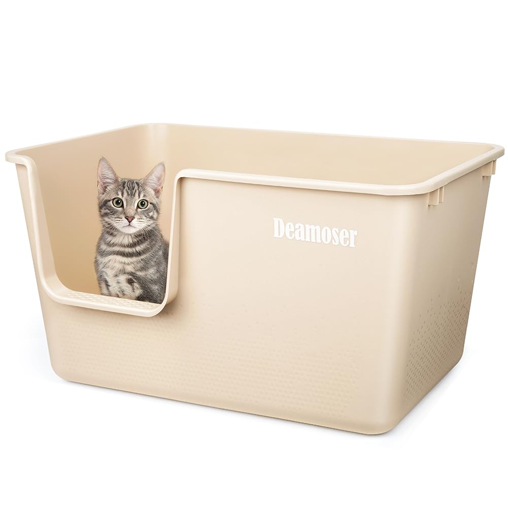 Extra Large Cat Litter Tray, High Sided Anti-Splash Litter Box for Large Cats & Multi-Cat Households 62x40x32.5cm, Non-Stick Easy Clean Open Top Litter Box(Beige)