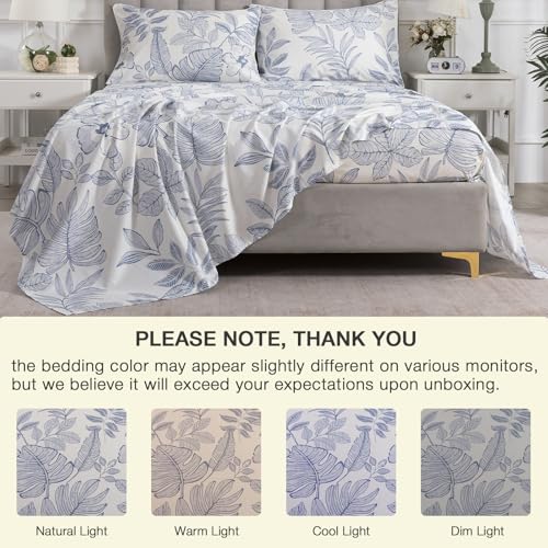 Image of Gray-Blue Floral Percale Sheets California King Hawaii Print, 4Pcs | Deep Pocket Light Beige 100% Cotton Toile Sheet Set, Neutral Flower Leaf Bed Sheets, Shabby Chic Bedding, Tropical Pattern