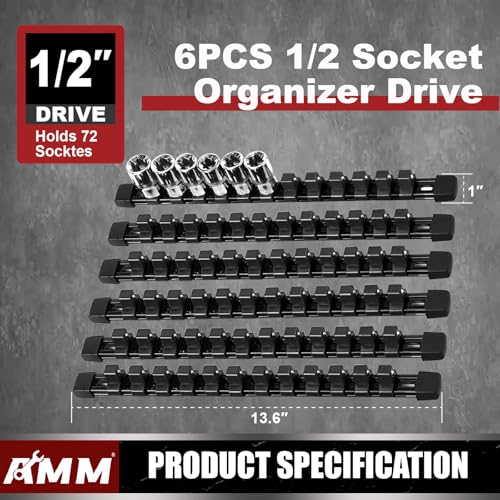 Image of AMM 6-Piece Socket Organizer, 1 /2 inch Drive ABS Tools Socket Holder,Heavy Duty Socket Racks, Premium Quality Socket Clip Rail Holder,The best tool trays in the garage
