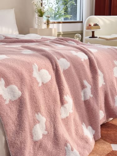 Image of Ultra Soft Cozy Happy Easter Rabbits Knitted Throw Blanket Fluffy Microfiber Checkerboard Bed Blanket Lightweight Both Sides Blanket for Couch Sofa Bed (Rabbit Pink, Throw 50 inchx60 inch)