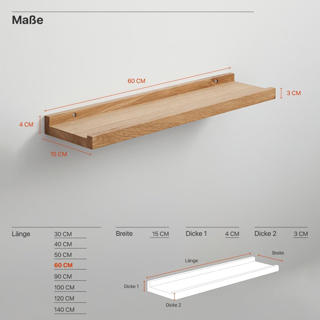 BestLoft.de Bilderleiste Holzregal Wand Regal Bilderleiste Eiche Floating Shelf Flur Regal Holz Deko Wand Wandregal Holz massiv (Eiche Hell, Breite: 60cm / Tiefe: 15cm)