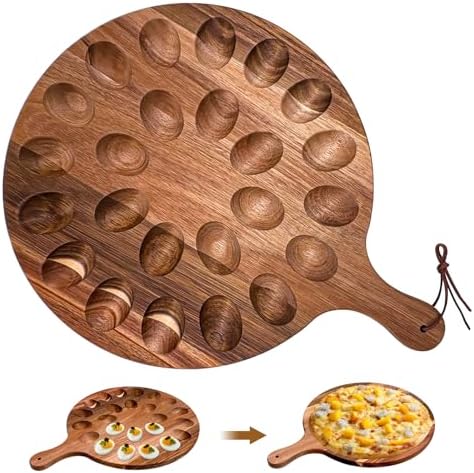 Deviled Egg Platter,Acacia Wooden Round Deviled Egg,Charcuterie Board Deviled Egg Holder Carrier with 24 Holes for Kitchen Countertops