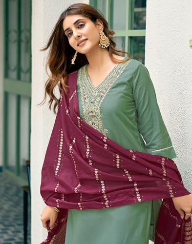 Image of SIRIL Women's Cotton Blend Sequence Embroidery Straight Kurta Pant with Dupatta Set