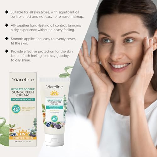Viareline Hydrate & Soothe Sunscreen Cream SPF 45 PA+++ | No White Cast | For Acne-Prone & Oily Skin | 2.12 oz