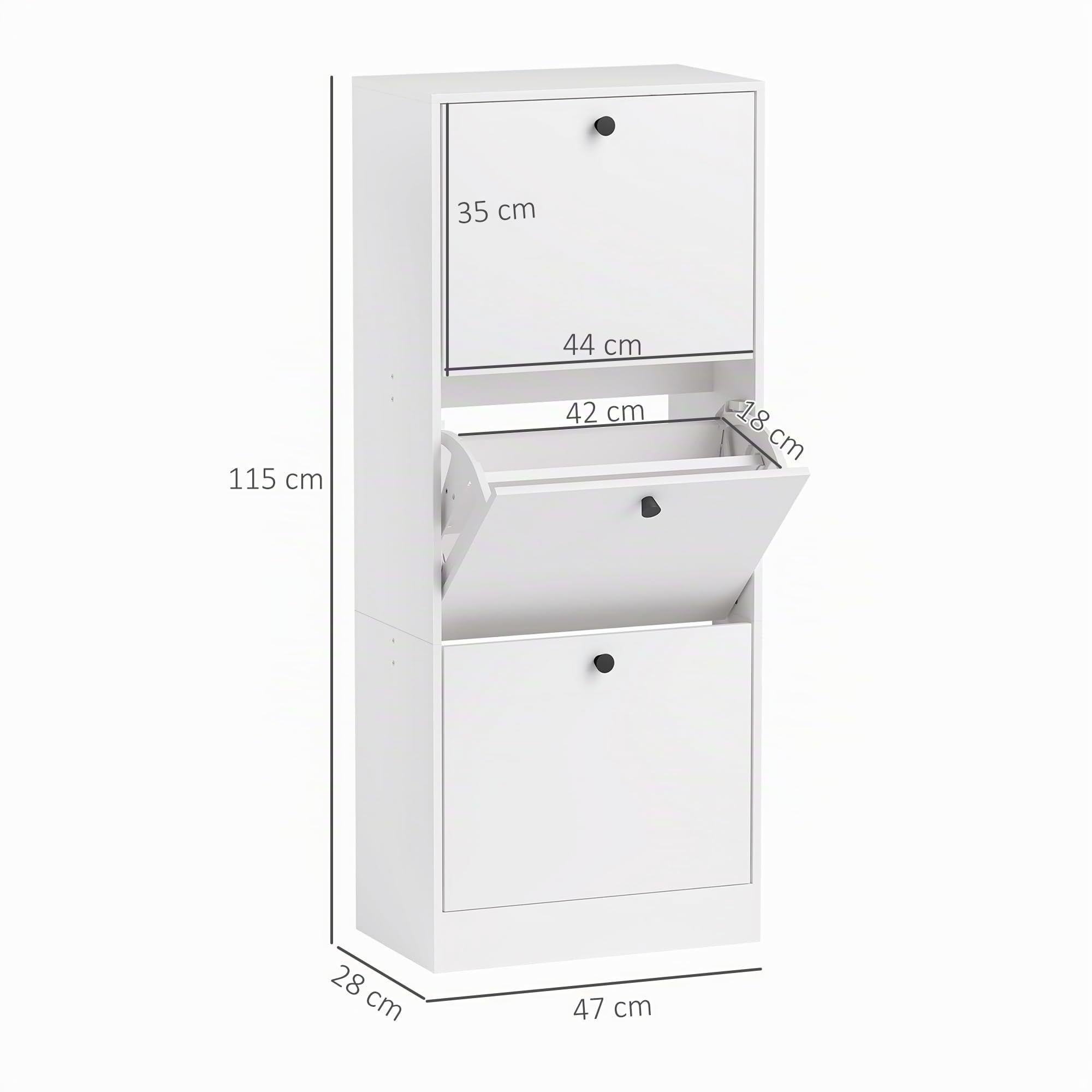 HOMCOM Schuhschrank mit 3 Klappen für 12 Paar Schuhe 47 x 28 x 115 cm Weiß
