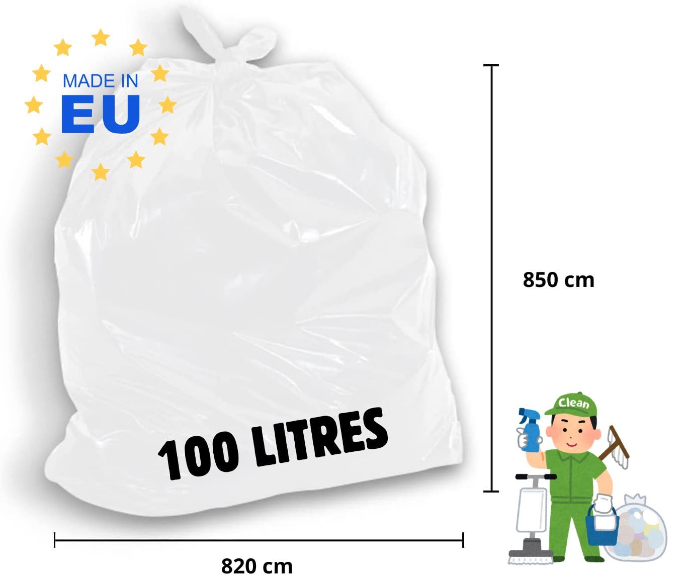 Sac Poubelle Blanc 100 Litres | Carton de 100 Sacs | Basse Densité - Haute Résistance | Fermeture à Lien | Alimentaire - Médical | Tri Sélectif | Qualité Professionnelle