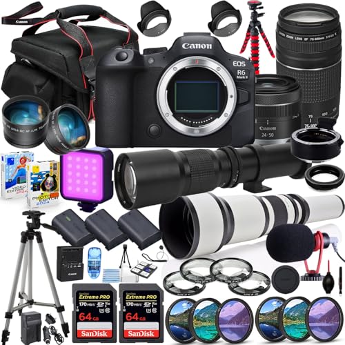 Image of Canon EOS R6 Mark II Mirrorless Camera with 24-50mm & 75-300mm Lens Bundle + 500mm & 650-1300mm Telephoto + Acc Package Including 128GB Memory, Mic, LED Light, Software & More (42 Pieces) (Renewed)