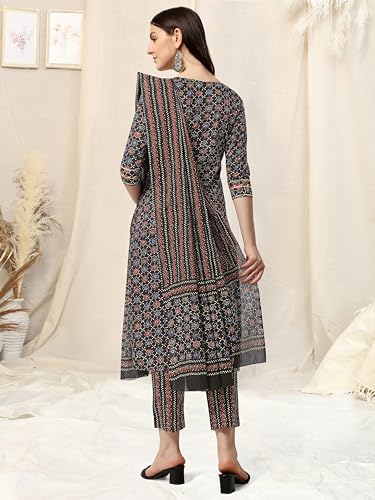 Image of MIRCHI FASHION Women's Straight Fit Cotton Ethnic Block Motif Printed Kurta Set with Dupatta and Trouser