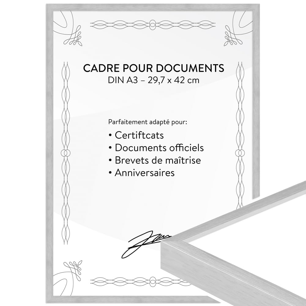 Cadre diplome A3 aluminium et encadrement moderne de tableau 30x42 cm à suspendre au bureau