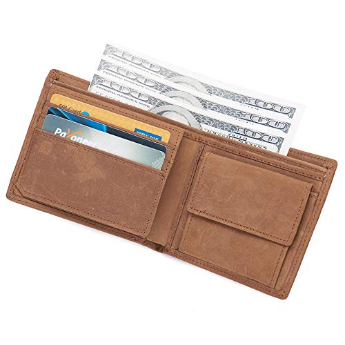 Herren RFID-blockierende Vintage Cowboy Echtleder Bifold Geldbörse mit Münzfach groß, Hellbraun, L, RFID Geldbörse Cover