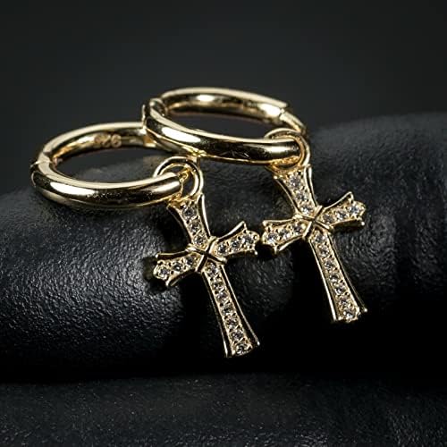 BestWStore Gold Sterling Silver Hanging Dangle Iced Cross Huggie Drop Men's Hoop Earrings Gift for Birthday, Christmas, Father's Day, Mother's Day, Valentine's Day