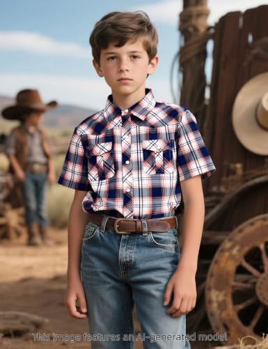 Image of COSLAND Boy's Toddler Cotton Western Short Sleeve Button Down Plaid Shirt, 4-14 Years