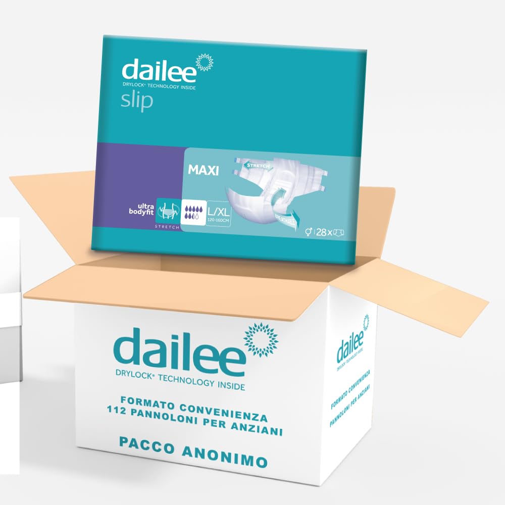 Dailee Slip L/XL - 112x Pannoloni Per Anziani a Mutandina - 4 Confezioni da 28 Pezzi, Assorbenza Maxi 7,5 Gocce - Mutanda Assorbente Incontinenza Adulto