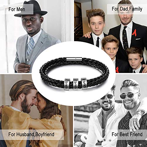Shinesand Personalized Mens Leather Bracelet With Custom Beads, Customized Braid Leather Bracelet Engraved With Names For Men #TOP5