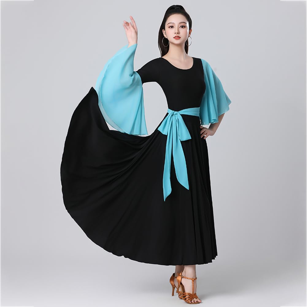 Modern Dance Kleid Standard-Turnierkleid aus Chiffon, langes Chiffonkleid mit Rundhalsausschnitt, schwarz