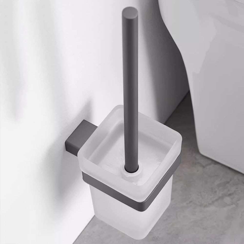 Escobilla WC Kit de Brus de inodoro cuadrado de vidrio esmerilado, cepillo de baño con mango largo de acero inoxidable montado en la pared, cepillo de baño con cabezal redondo blanco Escobillero