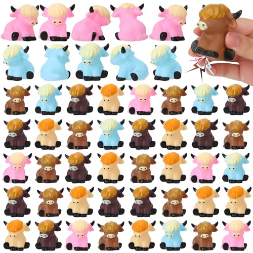 Guiqulai 50 Pcs Highland Cow Rubber Figurines,Mini Rubber Cows Bath Float Squeaky Highland Cow Toys for Baby Shower Birthday Gift (2x2x1.8 inches)