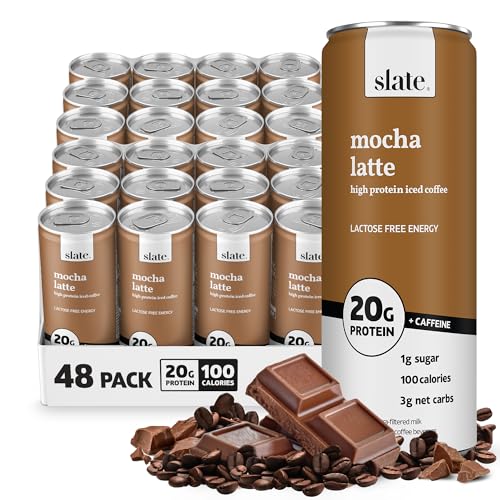 Image of Slate Milk - High Protein Iced Coffee - Mocha Latte - 175mg Caffeine, Lactose Free Energy - 20g Protein, 1g Sugar, 100 Calories, 3g Net Carbs, No Sugar Added - Protein Coffee - 11 fl oz, 48 Cans