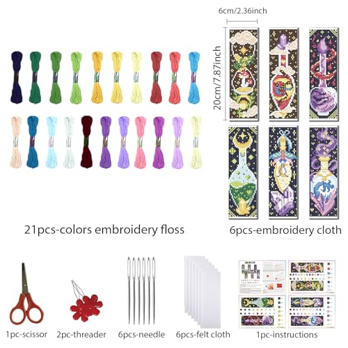 Image of FREEBLOSS 6pcs Potion Cross Stitch Bookmark Kit 11CT Stamped Cross Stitch Kit DIY Embroidery Bookmarks Set with Felts Backing Instructions for Adult Beginners 8 inchx2.4 inch