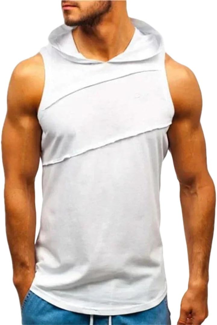 Men Tank Tops Hooded Sleeveless Loose Fit Running Gym Fitness Vest
