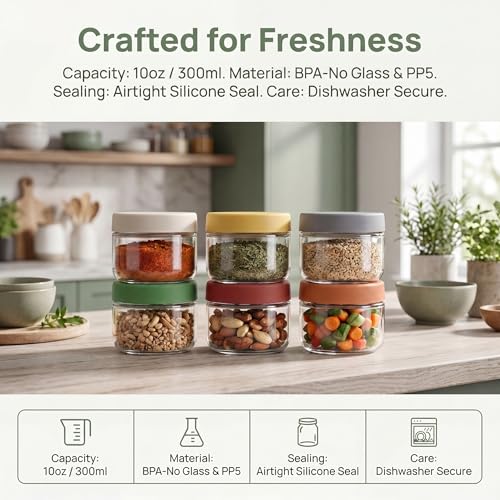 Image of EONJOE 10 oz Small Glass Containers with Lids, Food Storage Jars, 6pk