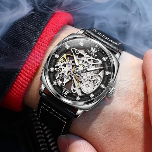 Image of OUPINKE Mens Watches Automatic Skeleton Mechanical Watches for Men Self Winding Luxury Fashion Leather Strap Steampunk Style Luminous Waterproof Men Wrist Watches