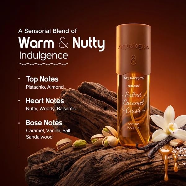 Aqualogica Refresh+ Perfume Body Mist - Salted Caramel Crush | Mouthwatering Gourmand Scent | Long Lasting Fragrance | Double Duty for Hair & Body | Non-Irritating & Hydrating | Infused with Zemea & Hyaluronic Acid | For Men & Women | 150 ml - view 4