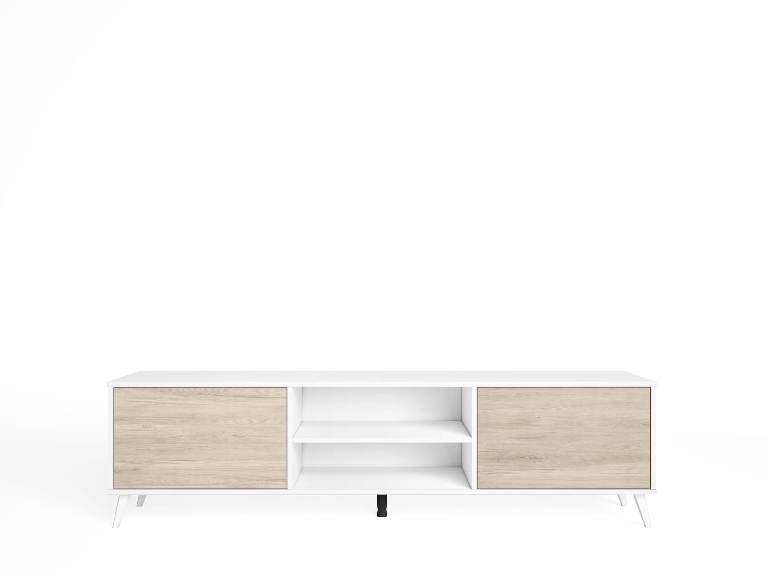 Meuble TV avec 2 Portes et 2 Compartiments pour Salon, Chambre. Dimensions : 180 x 49 x 39,6 cm (Largeur x Hauteur x Profondeur). Finitions Blanc Mat et Sable.