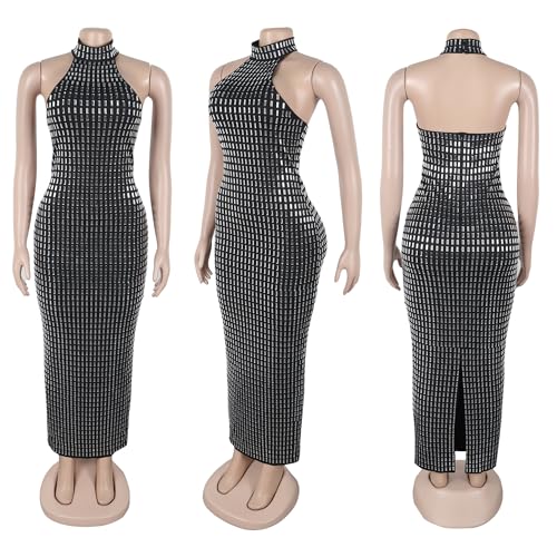 Image of Jigfar Women Sexy Elegant Rhinestone Halter Party Night Bodycon Formal Maxi Dress(FK3521,Black,XL)