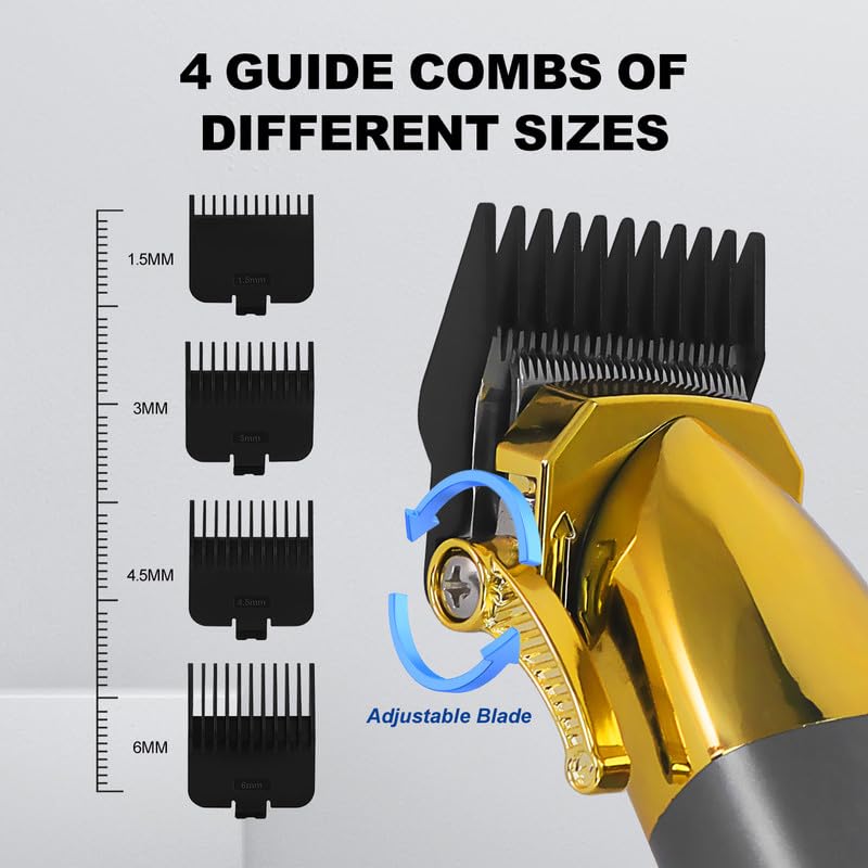 Four guide combs of different sizes (1.5mm, 3mm, 4.5mm, 6mm) next to the SOLIMPIA HT-629 Hair Clipper, showing how the adjustable blade works.