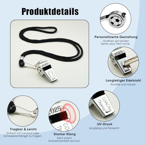 Trillerpfeife Personalisiert aus Edelstahl mit Lanyard Individuell Gravierte Schiedsrichter Pfeife mit Namen Laute Trillerpfeife für Basketball & Fußball Personalisierte Geschenke für Trainer Lehrer