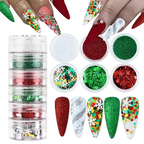 Christmas Nail Snowflake Glitter Powder Red Green Nail Charms Sequins Winter Holographic White Crystal Diamond Ice Aurora Sugar Sandy Dust Nail Powder for Face Hair Nails Design Decoration