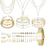 NEWITIN 61 Pieces Gold Jewelry Set for Women Fashion Costume Jewelry Gold Plated Necklace Bracelet Watch Ring Earrings Set for Women