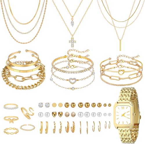 NEWITIN 61 Pieces Gold Jewelry Set for Women Fashion Costume Jewelry Gold Plated Necklace Bracelet Watch Ring Earrings Set for Women