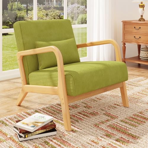 Mid Century Modern Accent Chair, Comfy Corduroy Arm Chair with Nature Solid Wood Frame, Cozy Reading Armchair with Cushion & Lumbar Pillow for Lounge, Living Room, Reading Room, Bedroom (Green)