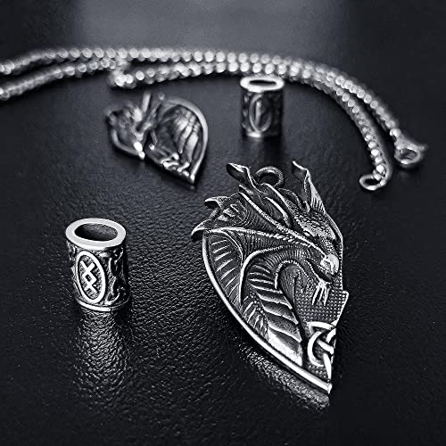Matching Dragon Necklace Couples Viking Heart Necklace Jewelry for Men Women with Rune Beads4