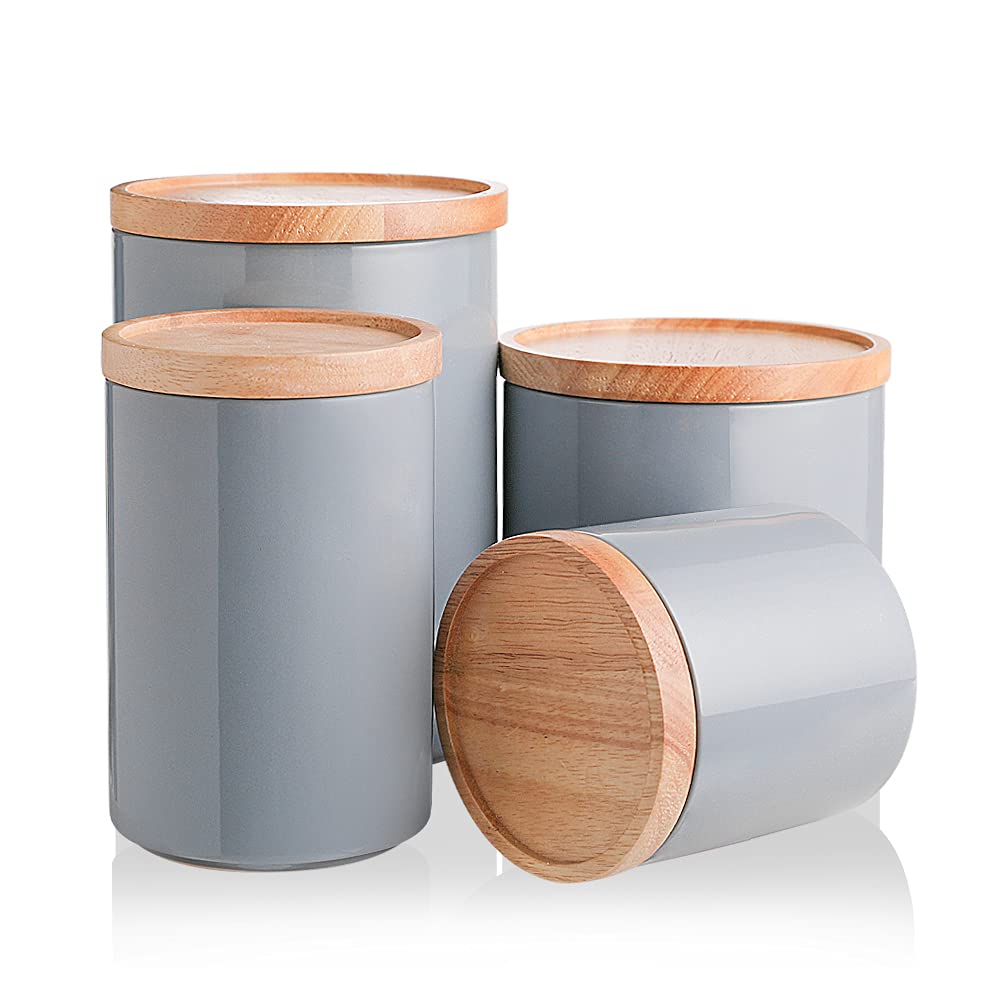 Sweejar Kitchen Canisters Ceramic Food Storage Jar Set, Stackable Containers with Airtight Seal Wooden Lid for Serving Ground Coffee, Tea, Herbs, Grains, Sugar, Salt - Set of 4 (Gray)
