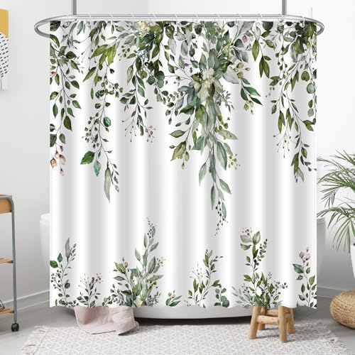 Image of Eucalyptus Shower Curtain, Abstract Aesthetic Art Watercolor Plant Leaves with Floral Bathroom Decor, Waterproof Fabric Cloth Bath Curtain Set with Hooks (Dark Green, 72x72 Inches)