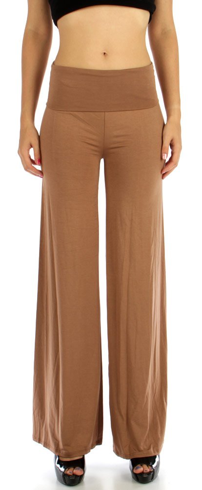Superline Wide Leg High Fold Over Waist Palazzo Pants (Large, Mocha)