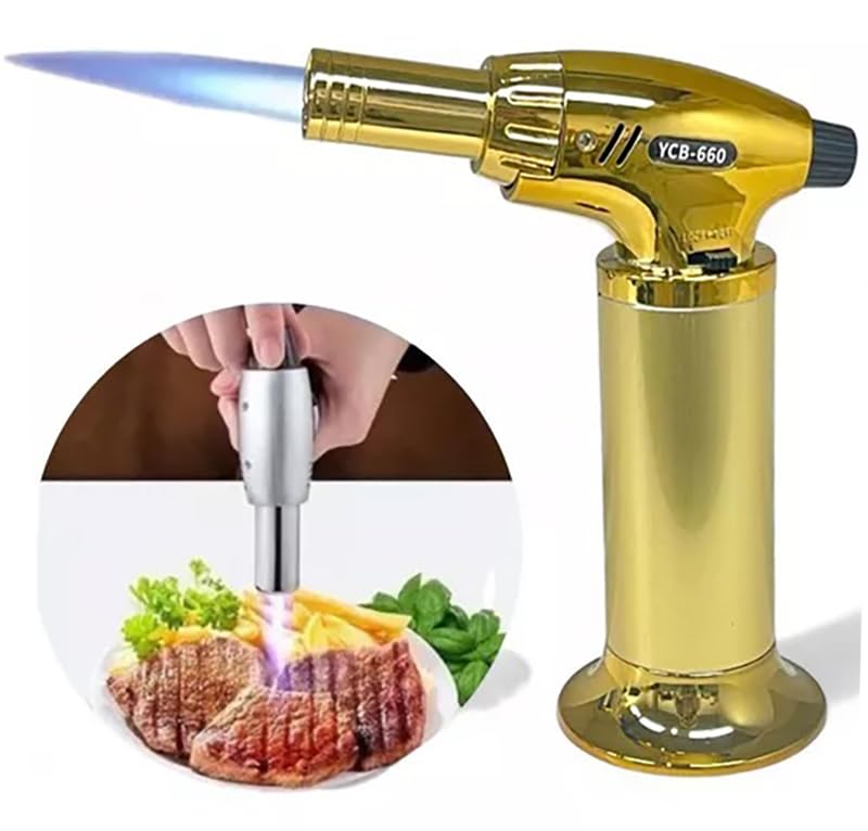 Image of YICAB Blow Torch Jet Flame I Professional Culinary Kitchen Cooking Lighter I Flame Lock & Adjustable Flame Size I Refillable Butane Gas Lighter for Food Meat BBQs Coal Brulee Baking (Golden)