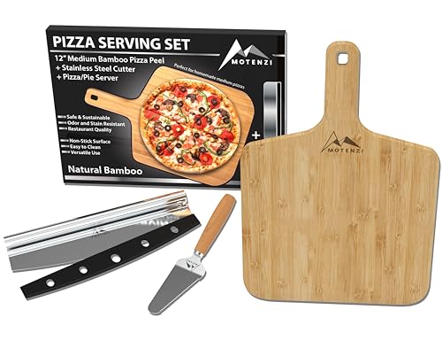 MOTENZI Bamboo Pizza Peel With Cutter and Server, Bamboo Pizza Board Wooden Pizza Paddle Spatula Oven Accessory for Baking Homemade Pizza, Wood Cutting Board for Cheese Bread Fruit Vegetables