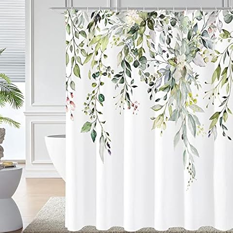 Gibelle Sage Green Eucalyptus Shower Curtain, Watercolor Plant Leaves with Floral Bathroom Decor Waterproof Fabric Shower Curtain Set with Hooks 72x72 Inch White Cover