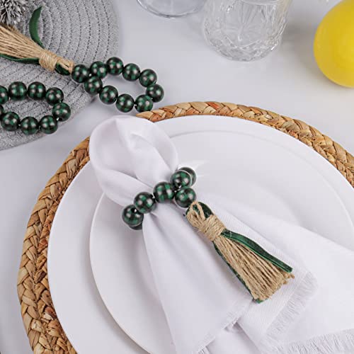 Green And Black Plaid Tassel Dinner Napkin Rings Holder, Wood Bead Napkin Ring Set Of 6, Rustic Napkin Rings Handmade By Braided Jute And Bead For St Patricks Day Weeding Christmas Party Celebration #TOP1