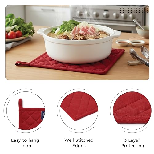 Image of Encasa XO 100% Cotton Apron Set for Women & Men with Adjustable Apron, Oven Gloves & Pot Holder (Pack of 3) Combo, Heat-Resistant, Soft & Durable for Cooking, Baking & Grilling (Red)
