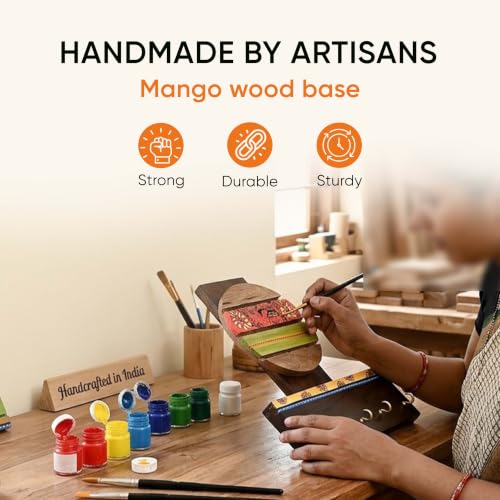 Image of AAKRITI ART CREATIONS Key Holder, Handcrafted Madhubani Art Key Hanger | Rustic Wood Wall Organizer with 5 Hooks | New Home Gifts | Multifunctional Entryway Decor Item