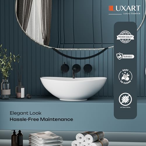 Image of LUXART Tabletop Wash Basin For Bathroom - 17 x 10 x 6.5 Inc Ceramic Glossy White Countertop Washbasin | Vessel Sink For Hotel, Dining Hall, Vanity | Over counter Top Washroom Sink
