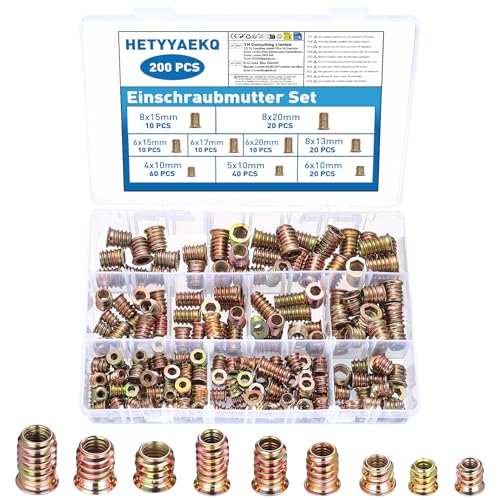 200 Stück Gewindeeinsatz Holz M4 M5 M6 M8 Einschraubmuttern Einschraubmuffe Sortiment Gewindeeinsätze Einschraubmutter Holz Gewindebuchsen Gewindehülsen Innensechskantmuttern für Holzmöbel