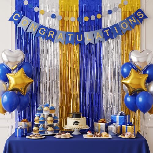 Image of TONIFUL 2Pcs Blue Silver Gold Metallic Tinsel Foil Fringe Curtain Streamers | 3.3ftx6.6ft Photo Booth Backdrop Door Streamer, Props for New Year Eve Birthday Graduation Retirement 80s 90s Party Decor