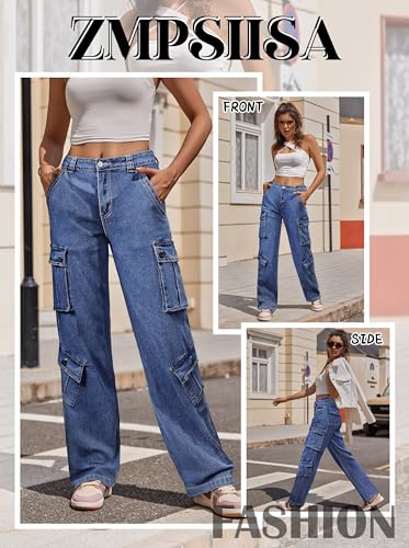 ZMPSIISA Women Pants High Waisted Cargo Pants Combat Military Wide Leg Casual Trousers 8 Pockets4